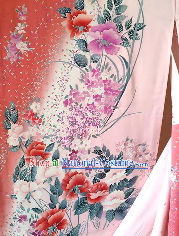 Japan Young Woman Garment Costume Traditional Pink Silk Yukata Dress Classical Peony Fan Pattern Furisode Kimono Clothing