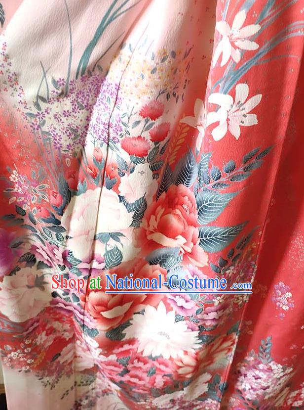 Japan Young Woman Garment Costume Traditional Pink Silk Yukata Dress Classical Peony Fan Pattern Furisode Kimono Clothing