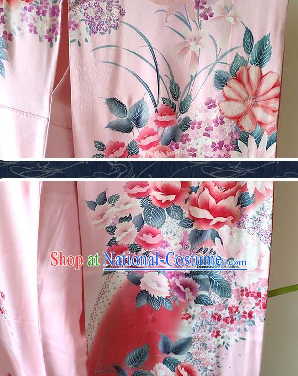 Japan Young Woman Garment Costume Traditional Pink Silk Yukata Dress Classical Peony Fan Pattern Furisode Kimono Clothing