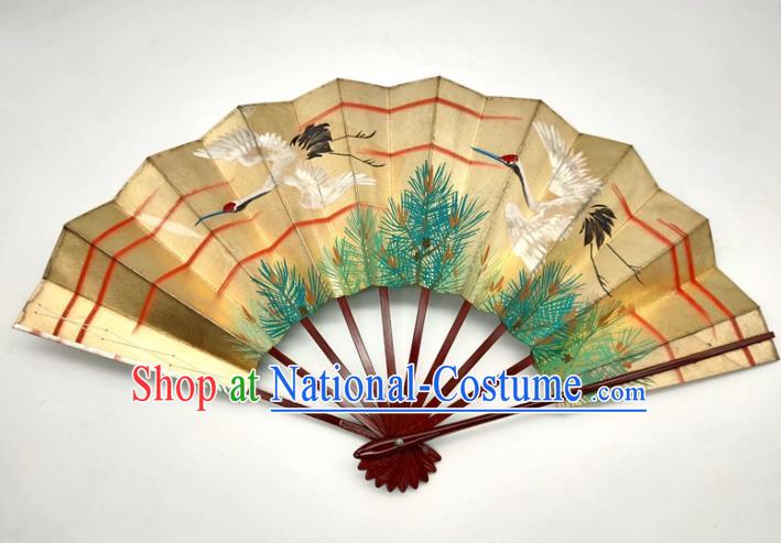 Japanese Traditional Geisha Performance Golden Folding Fan Classical Dance Accordion Handmade Printing Crane Pine Fan