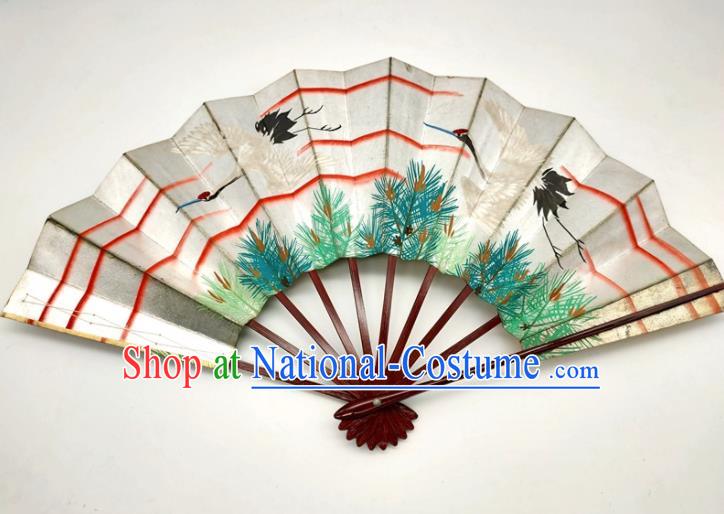 Japanese Handmade Printing Crane Pine Fan Traditional Geisha Performance Argent Folding Fan Classical Dance Accordion