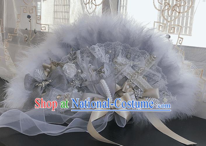 Handmade Cosplay Fairy Fan Baroque Princess Grey Feather Fan Wedding Fan Bride Lace Folding Fan