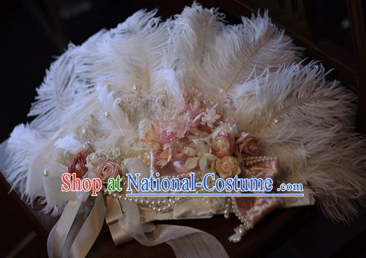 Handmade Bride Flowers Folding Fan Cosplay Fairy Fan Baroque Princess White Ostrich Feather Fan Wedding Fan