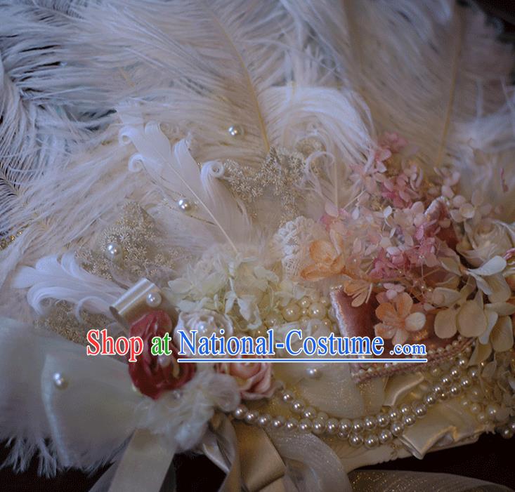 Handmade Bride Flowers Folding Fan Cosplay Fairy Fan Baroque Princess White Ostrich Feather Fan Wedding Fan