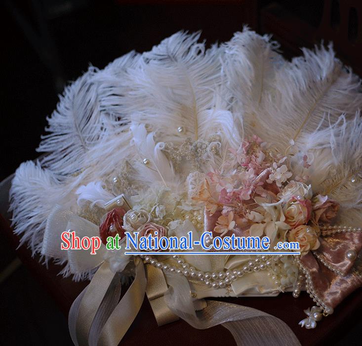 Handmade Bride Flowers Folding Fan Cosplay Fairy Fan Baroque Princess White Ostrich Feather Fan Wedding Fan