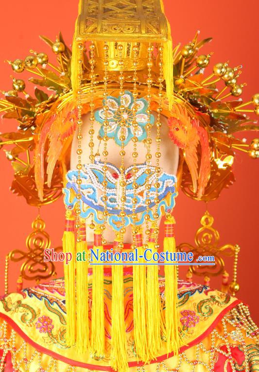 Handmade China Ancient Goddess Hair Crown Opera Queen Golden Phoenix Coronet Traditional Empress Tassel Hat