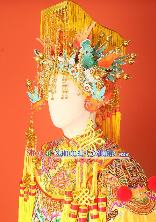 Handmade China Ancient Goddess Hair Crown Opera Queen Golden Phoenix Coronet Traditional Empress Tassel Hat