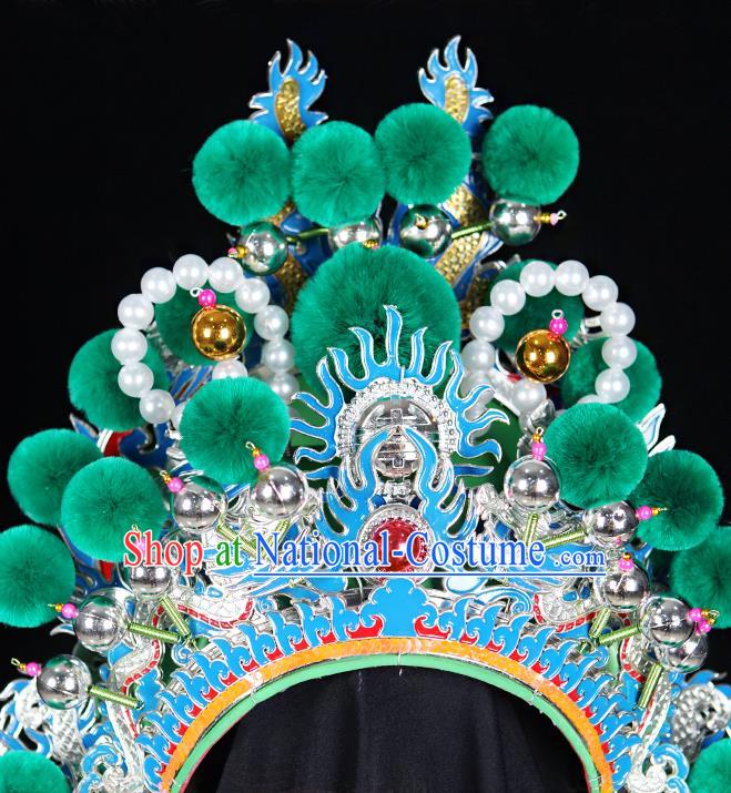 Chinese Peking Opera Wusheng Green Hat Beijing Opera General Headdress Handmade Opera Warrior Guan Yu Helmet Headwear