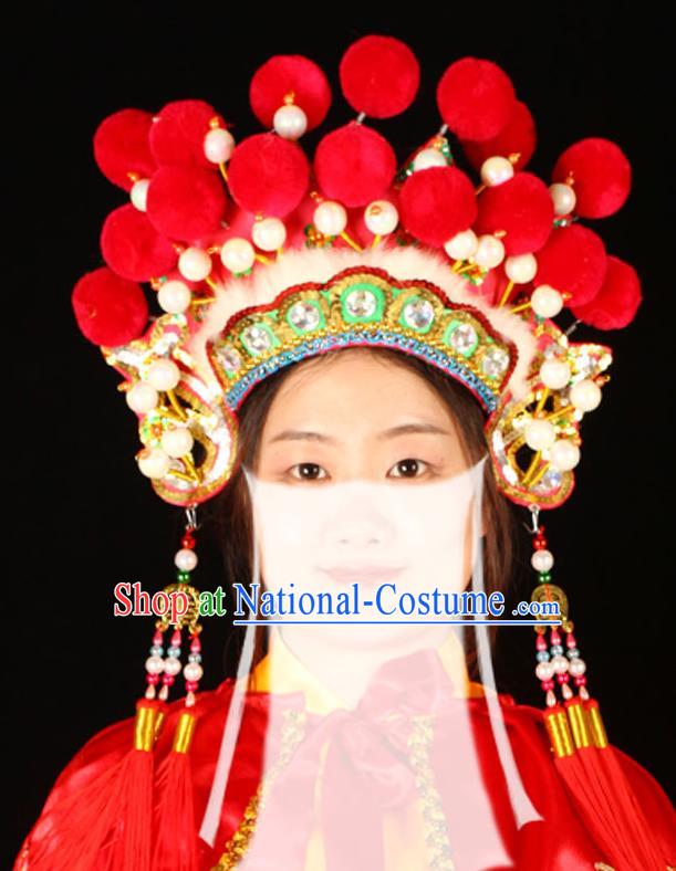 China Handmade Opera Female General Headdress Beijing Opera Blues Red Phoenix Coronet Headwear Traditional Peking Opera Swordswoman Hat