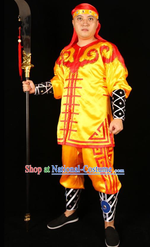 China Beijing Opera Swordsman Clothing Traditional Peking Opera Wusheng Yellow Outfits Cosplay Song Dynasty Water Margin Hero Costumes