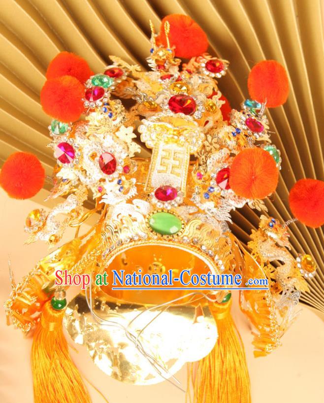 Chinese Handmade Opera Heaven Emperor Headdress Peking Opera God Statue Hair Accessories Beijing Opera King Golden Hair Crown