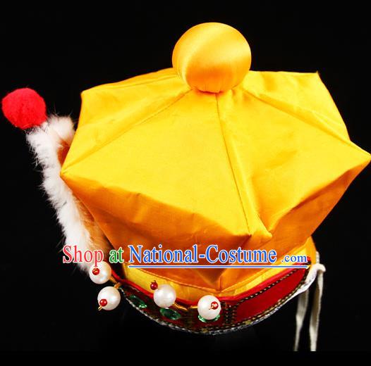 Chinese Beijing Opera Wusheng Yellow Hat Handmade Opera Swordsman Wu Song Headdress Peking Opera Warrior Headwear