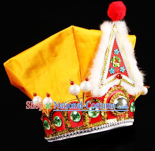 Chinese Beijing Opera Wusheng Yellow Hat Handmade Opera Swordsman Wu Song Headdress Peking Opera Warrior Headwear