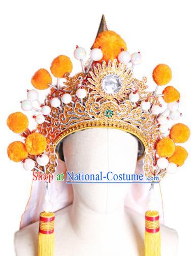 Chinese Peking Opera Wusheng Headwear Beijing Opera General Yellow Hat Handmade Opera Swordsman Helmet Headdress