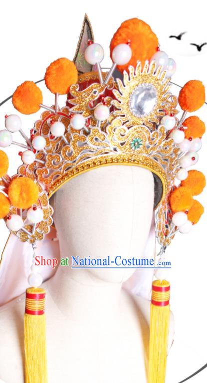 Chinese Peking Opera Wusheng Headwear Beijing Opera General Yellow Hat Handmade Opera Swordsman Helmet Headdress