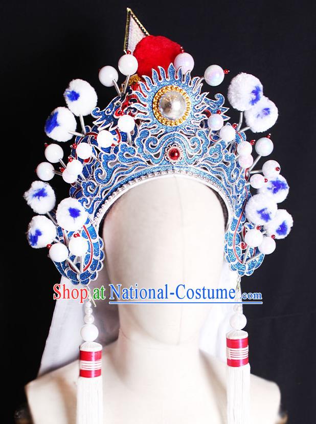 Chinese Handmade Opera Swordsman Helmet Headdress Peking Opera Wusheng Headwear Beijing Opera General White Hat