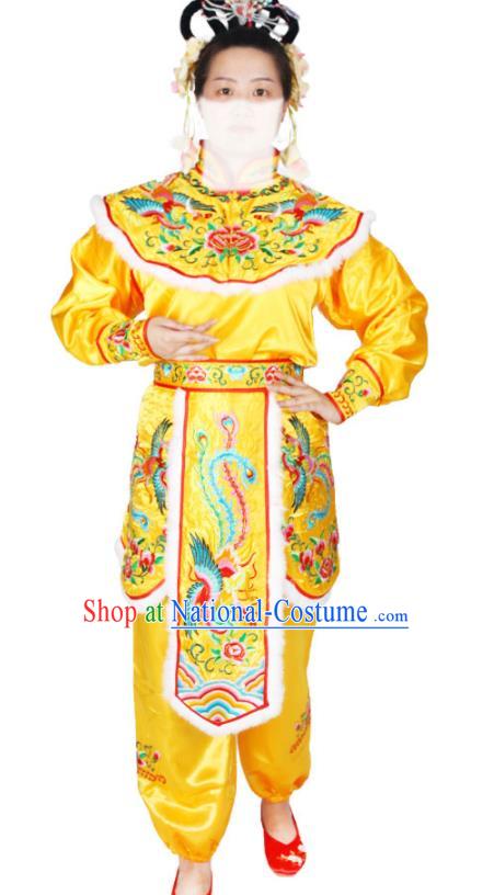 Chinese Beijing Opera Swordswoman Garment Costumes Peking Opera Female General Yellow Uniforms Traditional Opera Hua Mulan Clothing