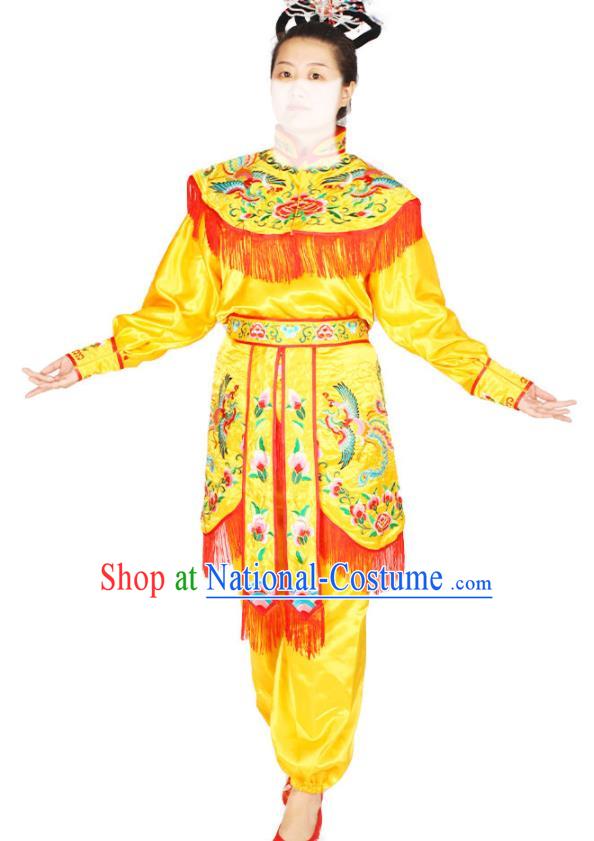 Chinese Beijing Opera Heroine Garment Costumes Peking Opera Female Warrior Yellow Uniforms Traditional Opera Woman Soldier Clothing