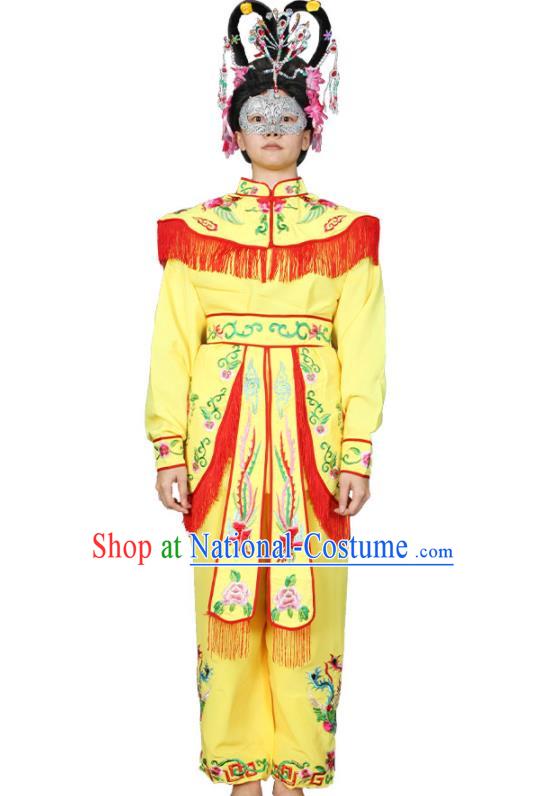 Chinese Chaoshan New Year Parade Garment Costumes Peking Opera Female Swordsman Yellow Uniforms Traditional Folk Dance Clothing