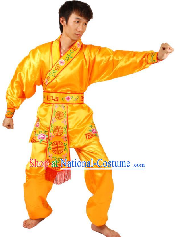 China Traditional Martial Arts Yellow Outfits Cosplay Water Margin Hero Wu Song Costumes Beijing Opera Wusheng Clothing