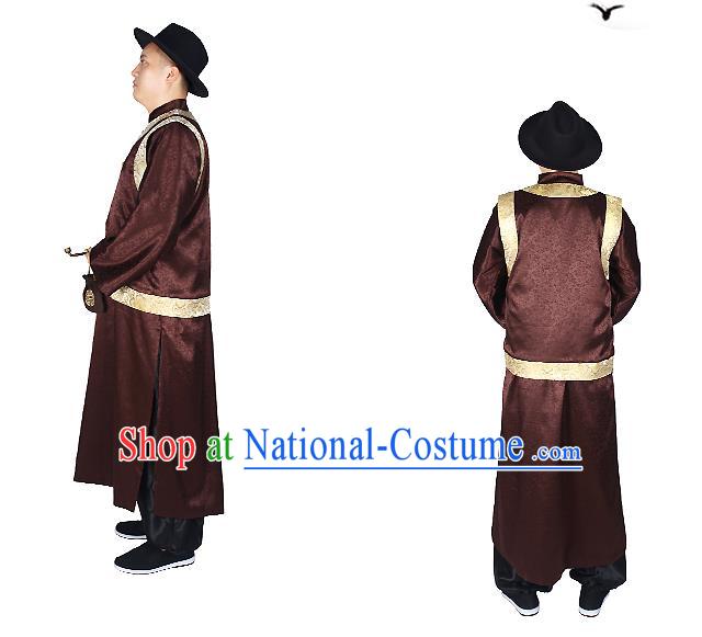 China Qing Dynasty Male Clothing Traditional Wedding Brown Mandarin Jacket and Robe Outfits Performance Costumes