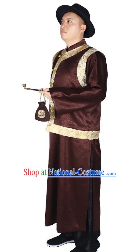 China Qing Dynasty Male Clothing Traditional Wedding Brown Mandarin Jacket and Robe Outfits Performance Costumes