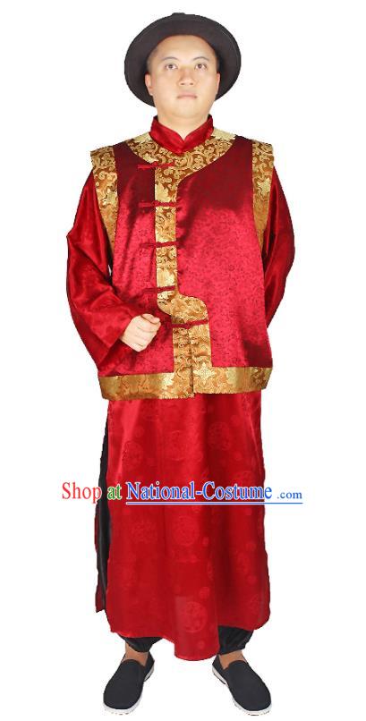 China Performance Costumes Qing Dynasty Male Clothing Traditional Wedding Red Mandarin Jacket and Robe Outfits