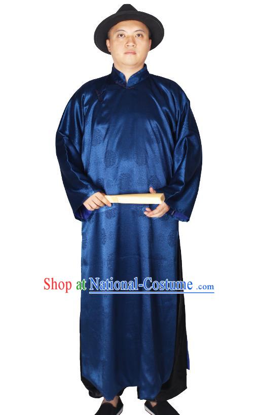 China Ancient Bridegroom Costume Minguo Male Clothing Traditional Wedding Navy Long Robe