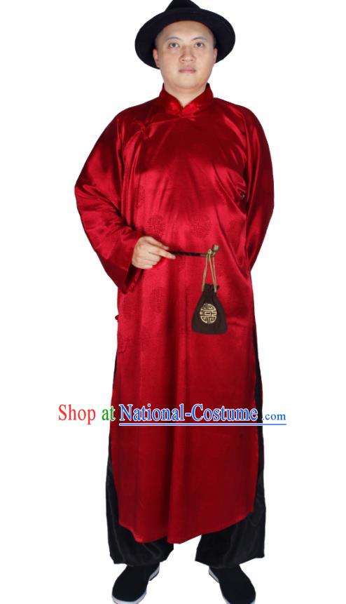 China Traditional Wedding Red Long Robe Ancient Bridegroom Costume Minguo Male Clothing