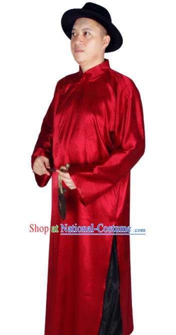 China Traditional Wedding Red Long Robe Ancient Bridegroom Costume Minguo Male Clothing