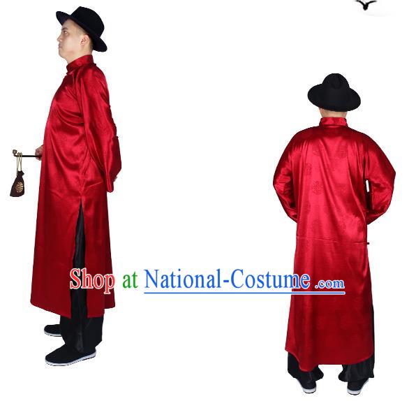 China Traditional Wedding Red Long Robe Ancient Bridegroom Costume Minguo Male Clothing