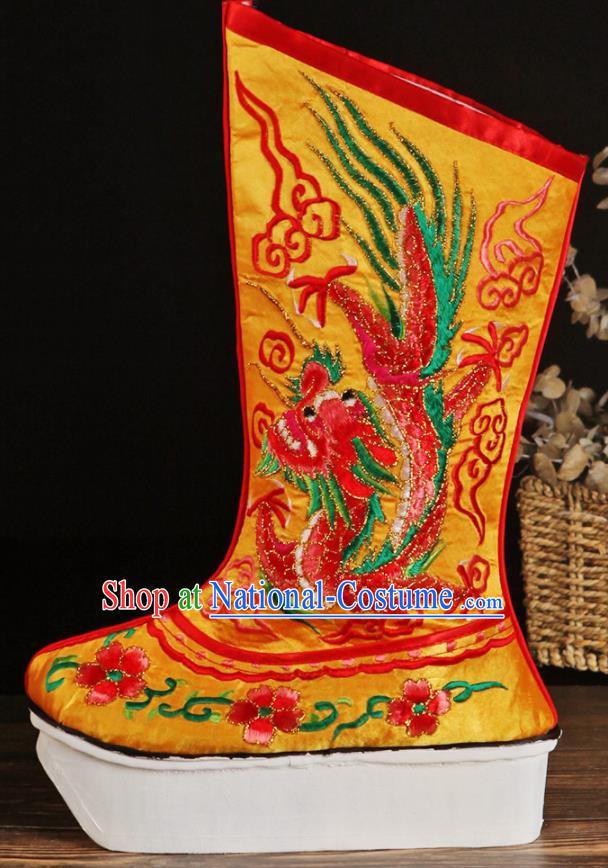 China Handmade Opera Satin Shoes Peking Opera Male Boots Ancient Emperor Embroidered Dragon Yellow Boots