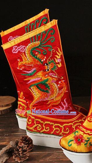 China Ancient Emperor Embroidered Dragon Boots Handmade Opera Red Satin Shoes Peking Opera Male Boots