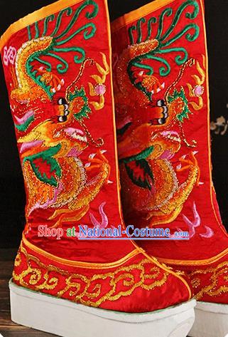 China Ancient Emperor Embroidered Dragon Boots Handmade Opera Red Satin Shoes Peking Opera Male Boots