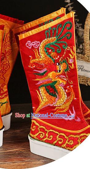 China Ancient Emperor Embroidered Dragon Boots Handmade Opera Red Satin Shoes Peking Opera Male Boots