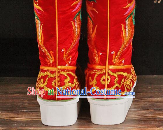 China Ancient Emperor Embroidered Dragon Boots Handmade Opera Red Satin Shoes Peking Opera Male Boots