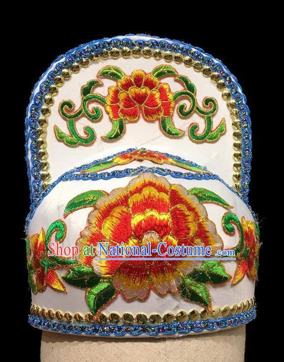 Chinese Ancient Scholar Headwear Beijing Opera Xiaosheng Embroidered White Hat Handmade Opera Young Male Headdress