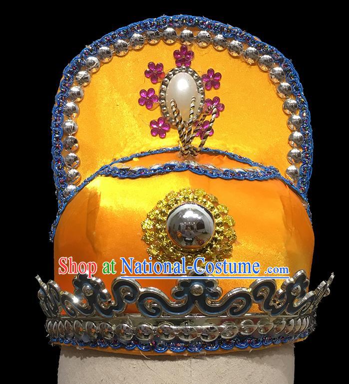 Chinese Handmade Opera Young Male Headdress Ancient Emperor Headwear Beijing Opera Prince Yellow Hat