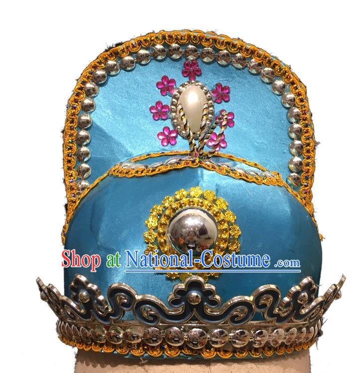 Chinese Beijing Opera Prince Blue Hat Handmade Opera Xiaosheng Headdress Ancient Scholar Headwear