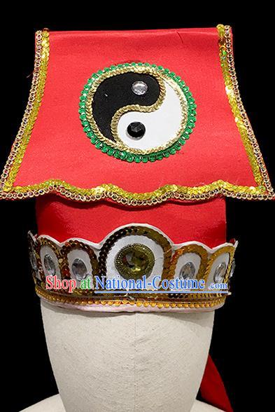 Chinese Beijing Opera Taoist Priest Red Hat Handmade Opera Hero Gongsun Sheng Headdress Ancient Scholar Headwear