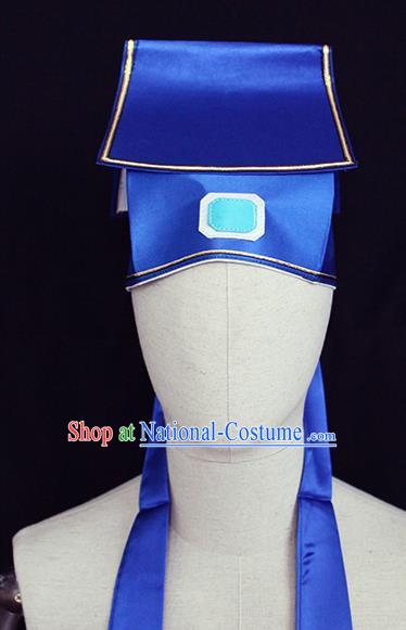 Chinese Ancient Scholar Headwear Beijing Opera Taoist Priest Blue Satin Hat Handmade Opera Hero Gongsun Sheng Headdress