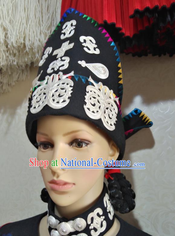 China Liangshan Ethnic Group Female Silver Headdress Yi Nationality Folk Dance Headwear Handmade Minority Black Hat