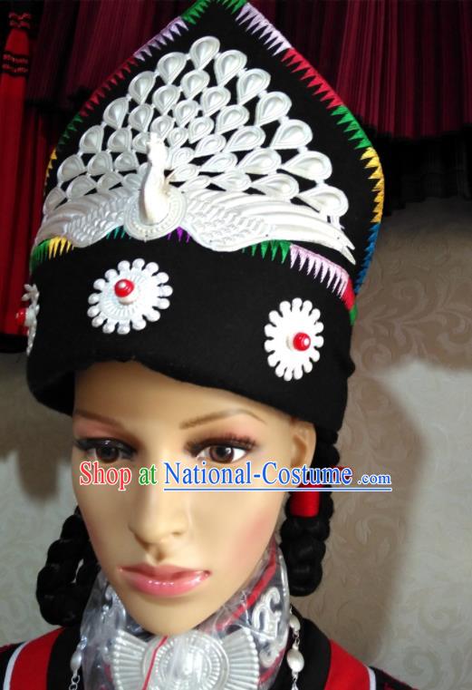 China Handmade Minority Folk Dance Hat Liangshan Ethnic Group Performance Silver Peacock Headdress Yi Nationality Female Headwear