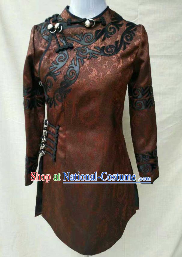 Chinese Yi Nationality Dance Brown Shirt Ethnic Female Clothing Liangshan National Minority Upper Outer Garment