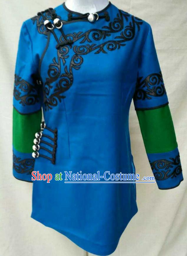 Chinese Yi Nationality Dance Blue Jacket Ethnic Folk Dance Clothing Liangshan National Minority Woman Upper Outer Garment