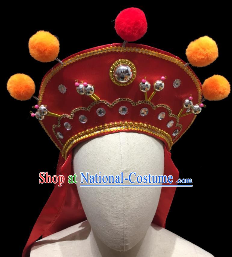 Chinese Ancient Imperial Bodyguard Helmet Headwear Beijing Opera Wusheng Red Hat Handmade Opera Swordsman Headdress