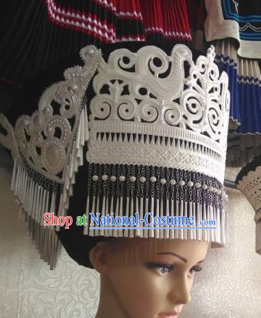 China Yi Nationality Woman Silver Headwear Handmade Minority Bamboo Weaving Hat Liangshan Ethnic Group Dance Performance Headdress