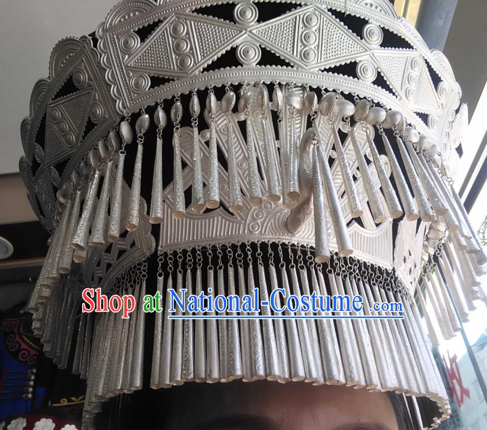 China Liangshan Ethnic Group Dance Performance Headdress Yi Nationality Woman Silver Headwear Handmade Minority Bamboo Weaving Hat