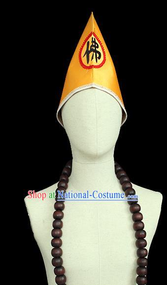 Chinese Ancient Monk Yellow Hat Peking Handmade Opera Buddhism Headdress Beijing Opera Buddha Jih Headwear