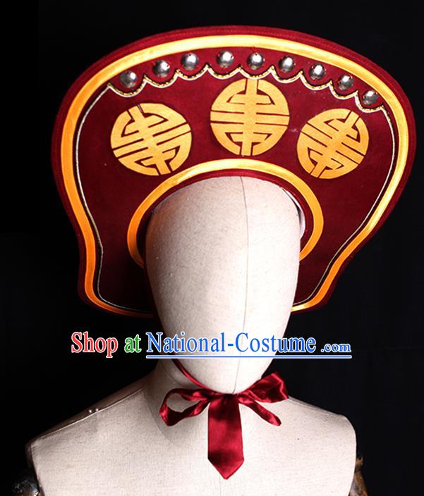 Chinese Handmade Chaozhou Opera Soldier Headdress Beijing Opera Hero Lin Chong Headwear Ancient Swordsman Wine Red Hat